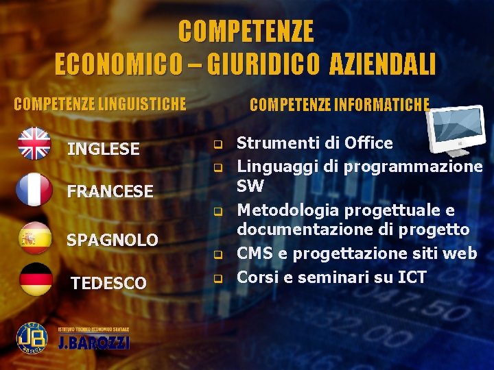 COMPETENZE ECONOMICO – GIURIDICO AZIENDALI COMPETENZE LINGUISTICHE INGLESE COMPETENZE INFORMATICHE q q FRANCESE q