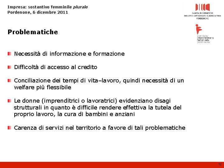 Impresa: sostantivo femminile plurale Pordenone, 6 dicembre 2011 Problematiche Necessità di informazione e formazione