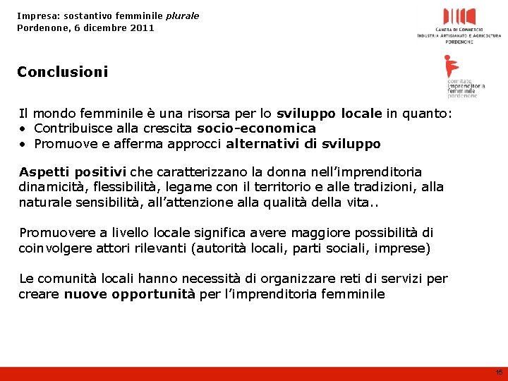 Impresa: sostantivo femminile plurale Pordenone, 6 dicembre 2011 Conclusioni Il mondo femminile è una