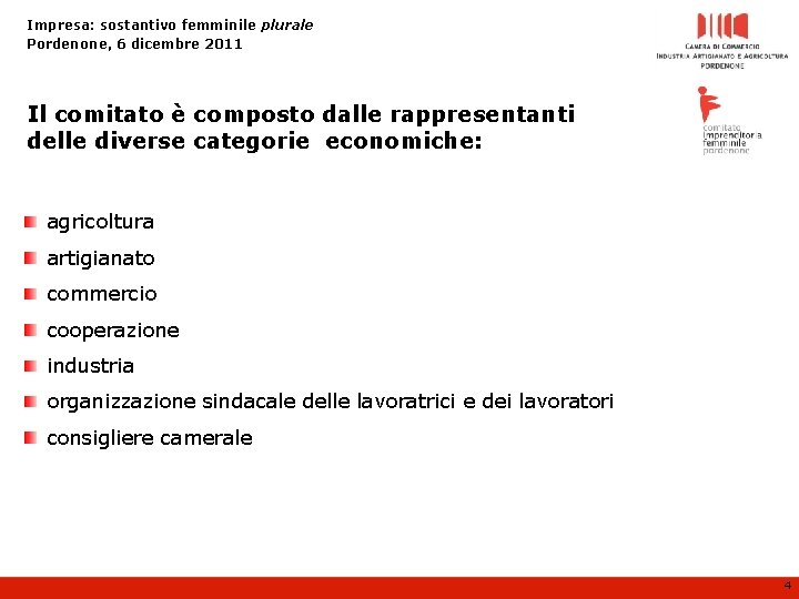 Impresa: sostantivo femminile plurale Pordenone, 6 dicembre 2011 Il comitato è composto dalle rappresentanti