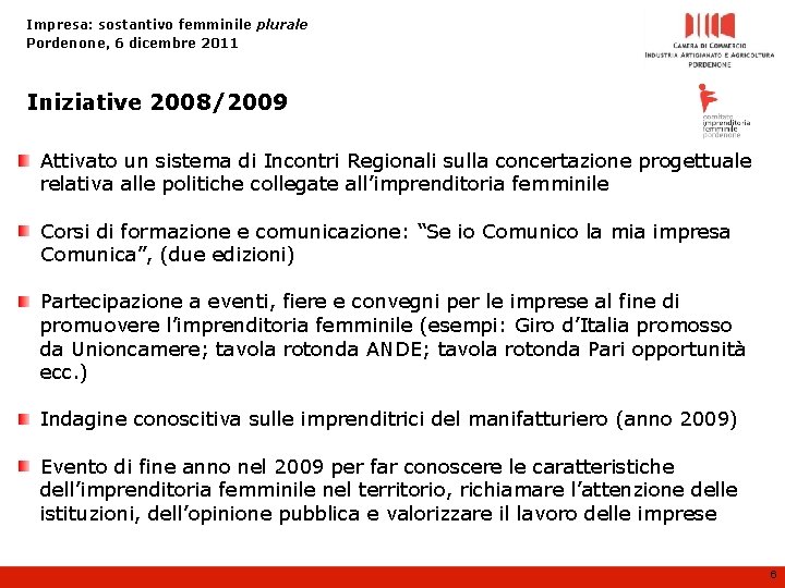 Impresa: sostantivo femminile plurale Pordenone, 6 dicembre 2011 Iniziative 2008/2009 Attivato un sistema di