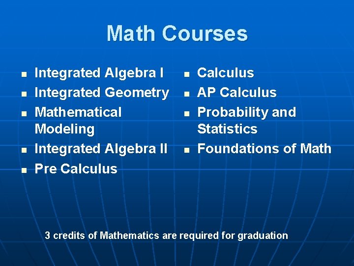 Math Courses n n n Integrated Algebra I Integrated Geometry Mathematical Modeling Integrated Algebra