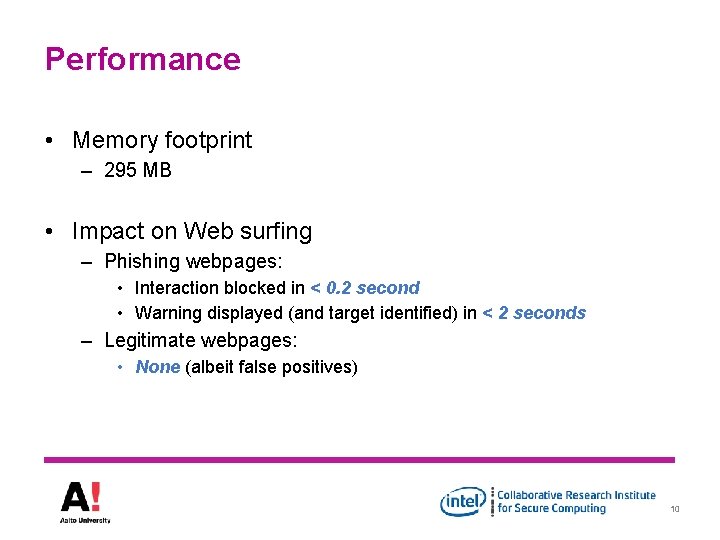 Performance • Memory footprint – 295 MB • Impact on Web surfing – Phishing