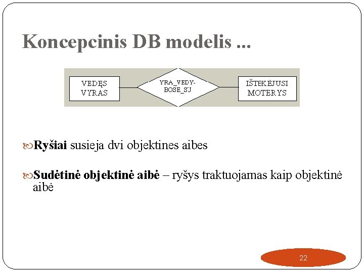 Koncepcinis DB modelis. . . Ryšiai susieja dvi objektines aibes Sudėtinė objektinė aibė –