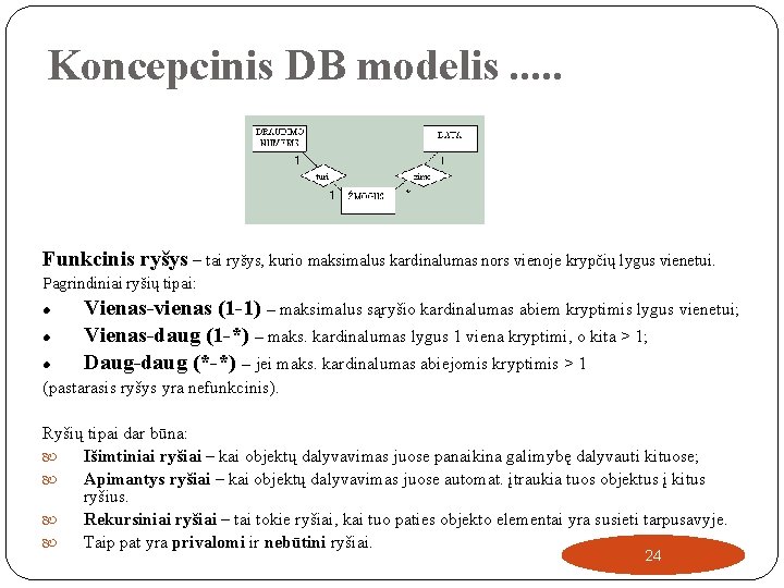 Koncepcinis DB modelis. . . Funkcinis ryšys – tai ryšys, kurio maksimalus kardinalumas nors