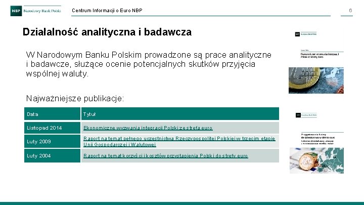 Centrum Informacji o Euro NBP Działalność analityczna i badawcza W Narodowym Banku Polskim prowadzone