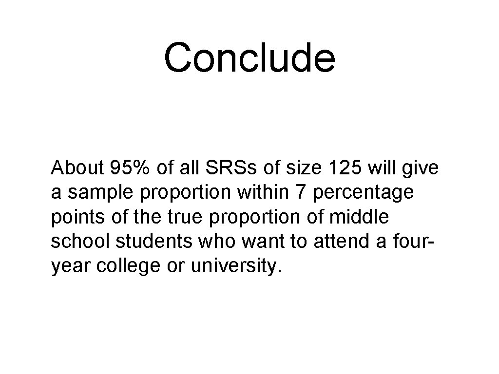 Conclude About 95% of all SRSs of size 125 will give a sample proportion