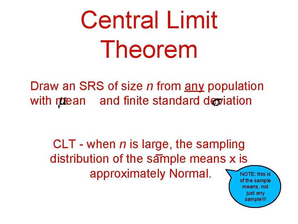 Central Limit Theorem Draw an SRS of size n from any population with mean