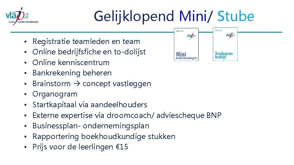 Gelijklopend Mini/ Stube • • • Registratie teamleden en team Online bedrijfsfiche en to-dolijst