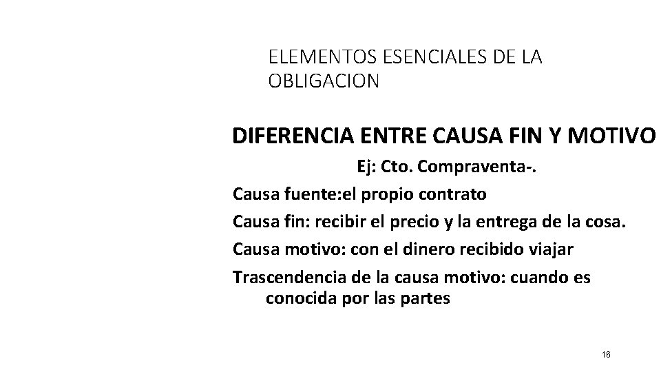 ELEMENTOS ESENCIALES DE LA OBLIGACION DIFERENCIA ENTRE CAUSA FIN Y MOTIVO Ej: Cto. Compraventa-.