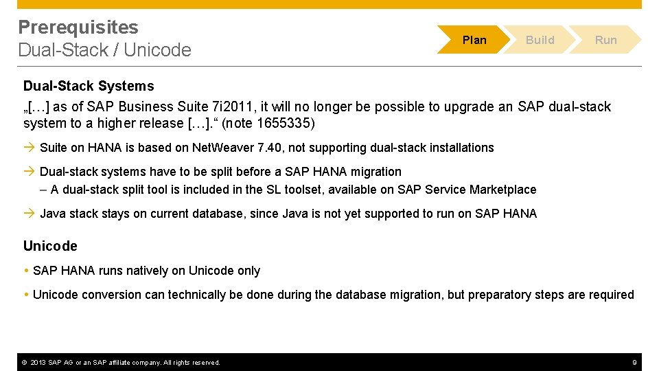 Prerequisites Dual-Stack / Unicode Plan Build Run Dual-Stack Systems „[…] as of SAP Business
