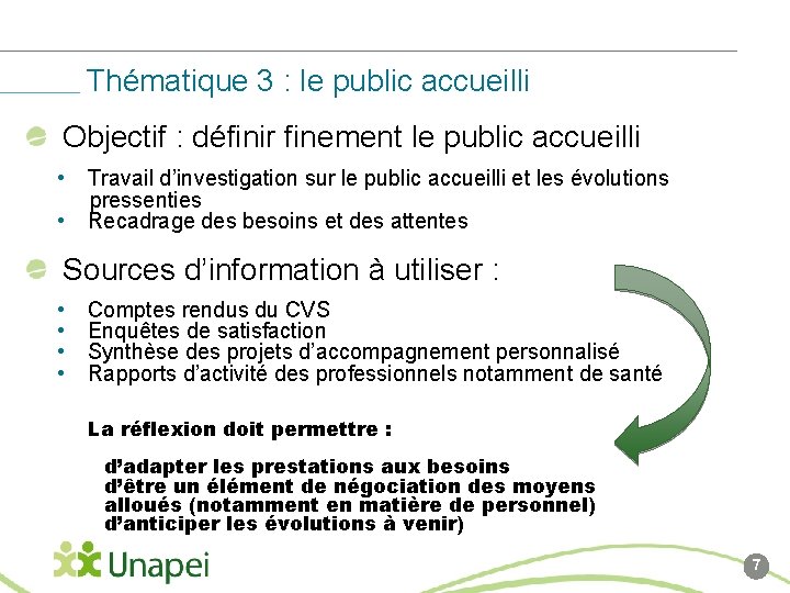 Thématique 3 : le public accueilli Objectif : définir finement le public accueilli •