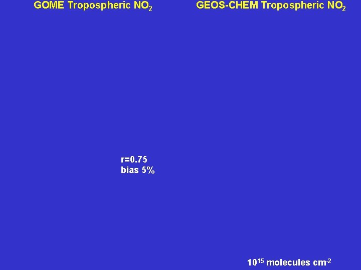 GOME Tropospheric NO 2 GEOS-CHEM Tropospheric NO 2 r=0. 75 bias 5% 1015 molecules