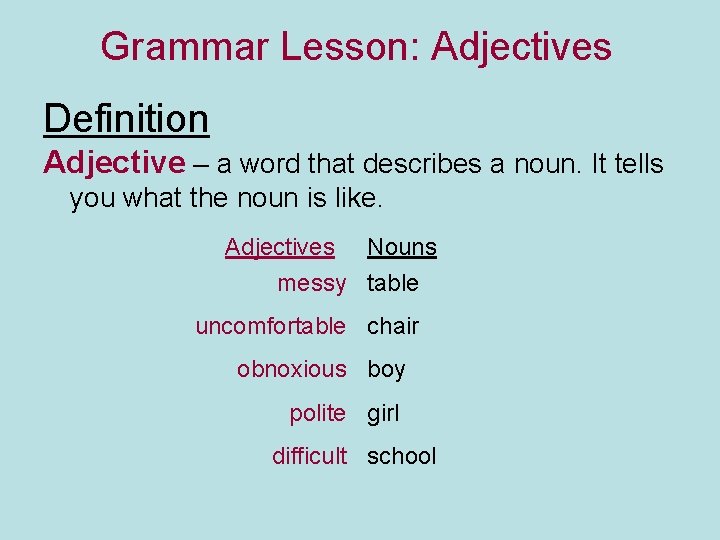 Grammar Lesson: Adjectives Definition Adjective – a word that describes a noun. It tells
