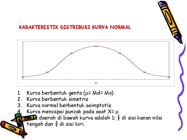 KARAKTERISTIK DISTRIBUSI KURVA NORMAL 1. 2. 3. 4. 5. Kurva berbentuk genta ( =