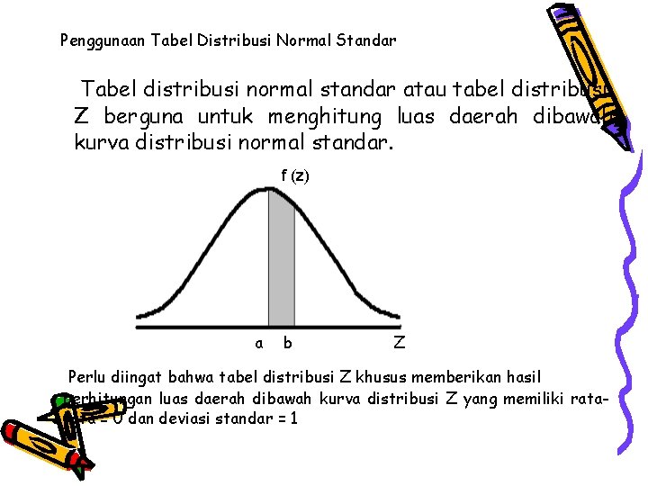 Penggunaan Tabel Distribusi Normal Standar Tabel distribusi normal standar atau tabel distribusi Z berguna