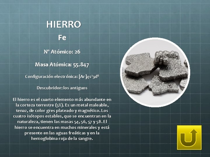 HIERRO Fe Nº Atómico: 26 Masa Atómica: 55. 847 Configuración electrónica: [Ar]4 s 23