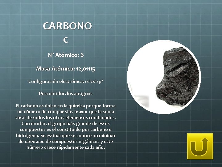 CARBONO C Nº Atómico: 6 Masa Atómica: 12, 01115 Configuración electrónica: 1 s 22