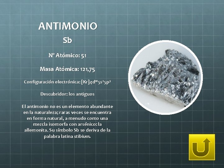 ANTIMONIO Sb Nº Atómico: 51 Masa Atómica: 121, 75 Configuración electrónica: [Kr]4 d 105