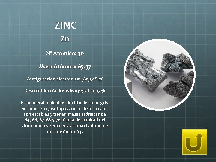 ZINC Zn Nº Atómico: 30 Masa Atómica: 65, 37 Configuración electrónica: [Ar]3 d 104