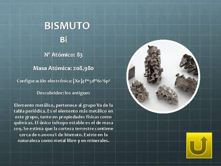 BISMUTO Bi Nº Atómico: 83 Masa Atómica: 208, 980 Configuración electrónica: [Xe]4 f 145