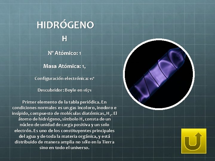 HIDRÓGENO H Nº Atómico: 1 Masa Atómica: 1, Configuración electrónica: 1 s 1 Descubridor: