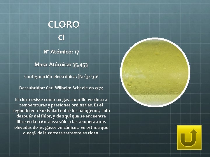 CLORO Cl Nº Atómico: 17 Masa Atómica: 35, 453 Configuración electrónica: [Ne]3 s 23