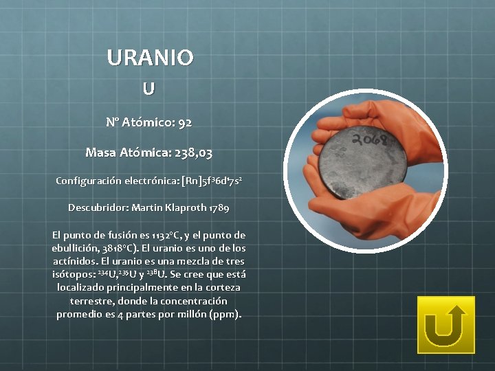 URANIO U Nº Atómico: 92 Masa Atómica: 238, 03 Configuración electrónica: [Rn]5 f 36