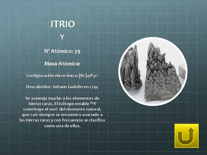 ITRIO Y Nº Atómico: 39 Masa Atómica: Configuración electrónica: [Kr]4 d 15 s 2