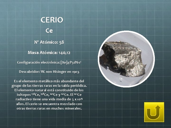 CERIO Ce Nº Atómico: 58 Masa Atómica: 140, 12 Configuración electrónica: [Xe]4 f 15