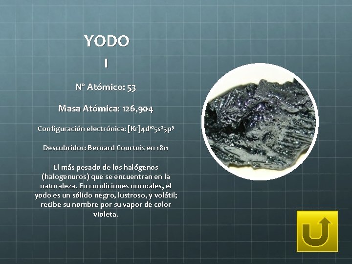 YODO I Nº Atómico: 53 Masa Atómica: 126, 904 Configuración electrónica: [Kr]4 d 105