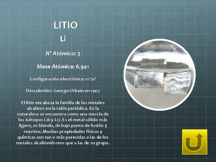 LITIO Li Nº Atómico: 3 Masa Atómica: 6, 941 Configuración electrónica: 1 s 22