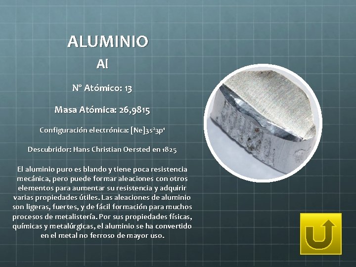 ALUMINIO Al Nº Atómico: 13 Masa Atómica: 26, 9815 Configuración electrónica: [Ne]3 s 23