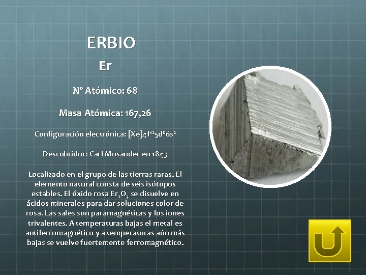 ERBIO Er Nº Atómico: 68 Masa Atómica: 167, 26 Configuración electrónica: [Xe]4 f 125