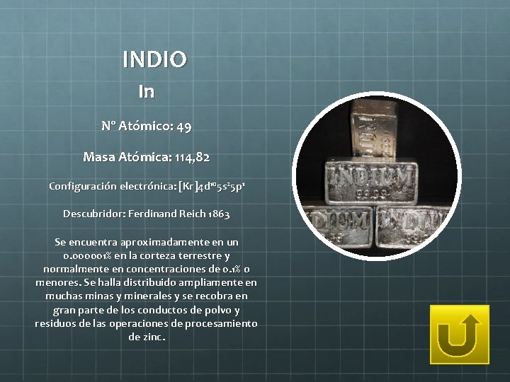 INDIO In Nº Atómico: 49 Masa Atómica: 114, 82 Configuración electrónica: [Kr]4 d 105