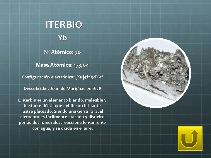 ITERBIO Yb Nº Atómico: 70 Masa Atómica: 173, 04 Configuración electrónica: [Xe]4 f 145