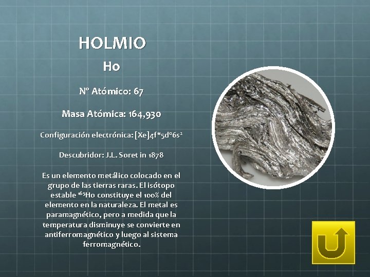 HOLMIO Ho Nº Atómico: 67 Masa Atómica: 164, 930 Configuración electrónica: [Xe]4 f 115