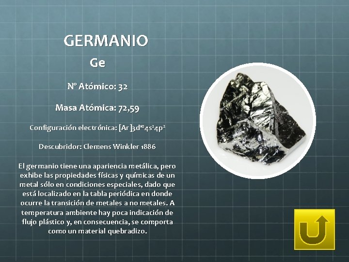 GERMANIO Ge Nº Atómico: 32 Masa Atómica: 72, 59 Configuración electrónica: [Ar]3 d 104