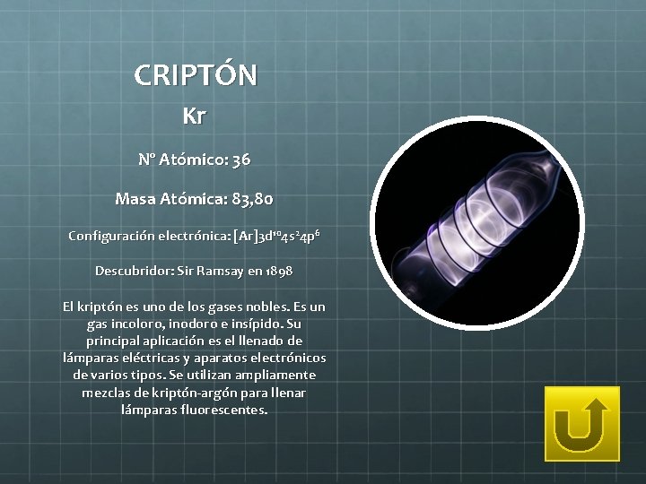 CRIPTÓN Kr Nº Atómico: 36 Masa Atómica: 83, 80 Configuración electrónica: [Ar]3 d 104