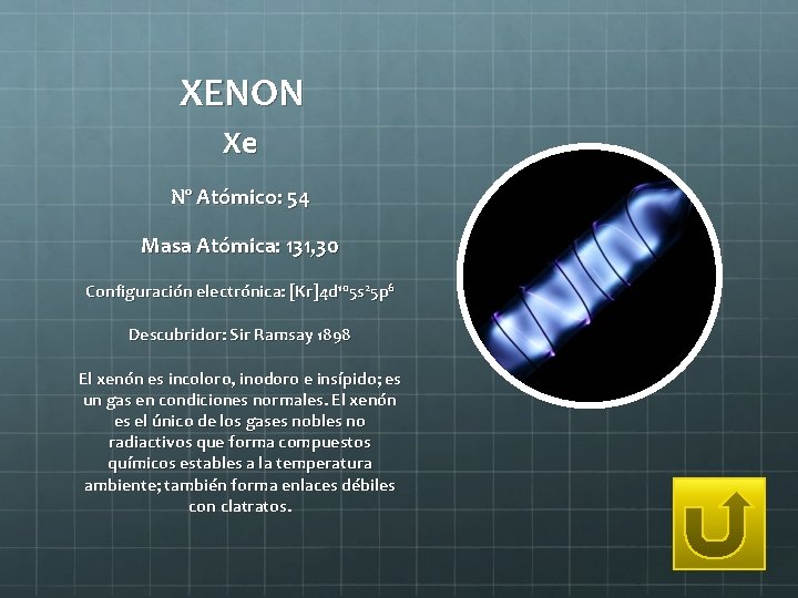 XENON Xe Nº Atómico: 54 Masa Atómica: 131, 30 Configuración electrónica: [Kr]4 d 105