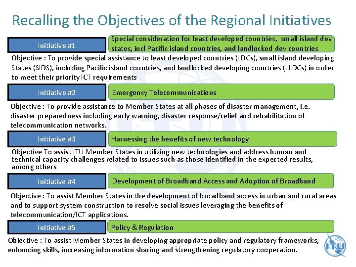 Recalling the Objectives of the Regional Initiatives Special consideration for least developed countries, small