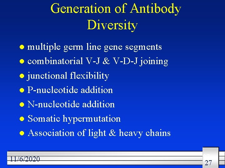 Generation of Antibody Diversity multiple germ line gene segments l combinatorial V-J & V-D-J