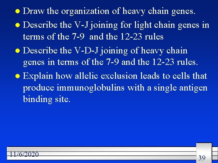 Draw the organization of heavy chain genes. l Describe the V-J joining for light