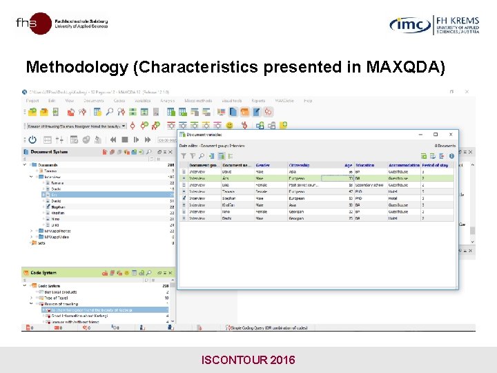 Methodology (Characteristics presented in MAXQDA) ISCONTOUR 2016 