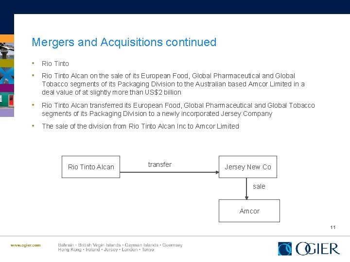 Mergers and Acquisitions continued • Rio Tinto Alcan on the sale of its European