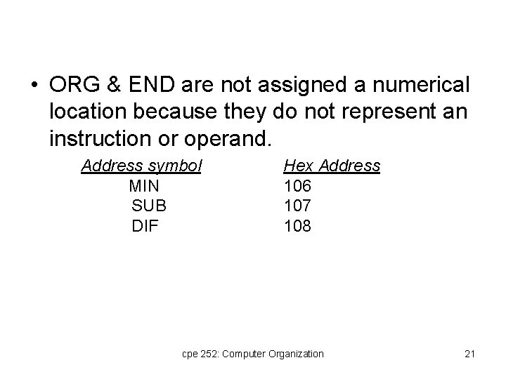 • ORG & END are not assigned a numerical location because they do • ORG & END are not assigned a numerical location because they do
