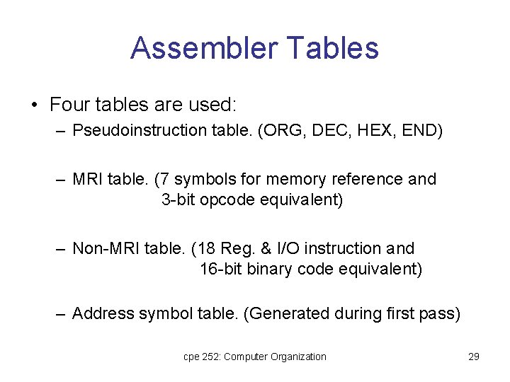 Assembler Tables • Four tables are used: – Pseudoinstruction table. (ORG, DEC, HEX, END) Assembler Tables • Four tables are used: – Pseudoinstruction table. (ORG, DEC, HEX, END)