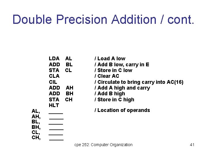 Double Precision Addition / cont. AL, AH, BL, BH, CL, CH, LDA AL ADD Double Precision Addition / cont. AL, AH, BL, BH, CL, CH, LDA AL ADD