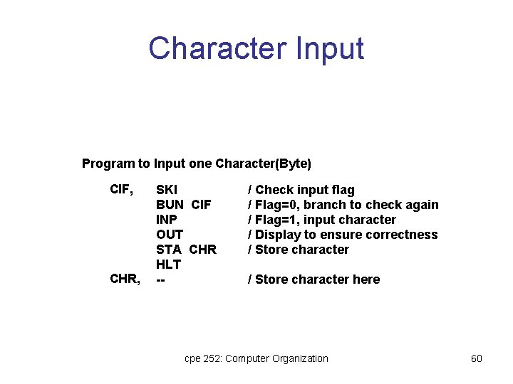 Character Input Program to Input one Character(Byte) CIF, CHR, SKI BUN CIF INP OUT Character Input Program to Input one Character(Byte) CIF, CHR, SKI BUN CIF INP OUT