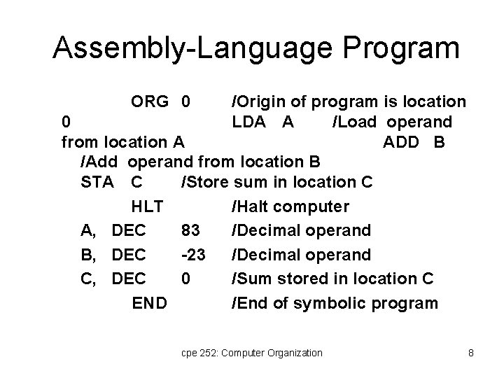 Assembly-Language Program ORG 0 /Origin of program is location 0 LDA A /Load operand